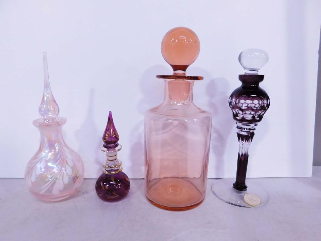 Art Glass Perfume or Cologne Bottles and Pink Glass Decanter (1 of 5)