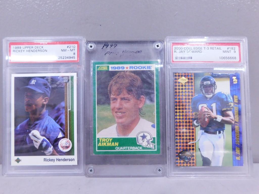 3 Sports Cards incl Troy Aikman 1989 Rookie, R. Jay Soward Graded Mint 9, Rickey Henderson Graded 8 (1 of 5)