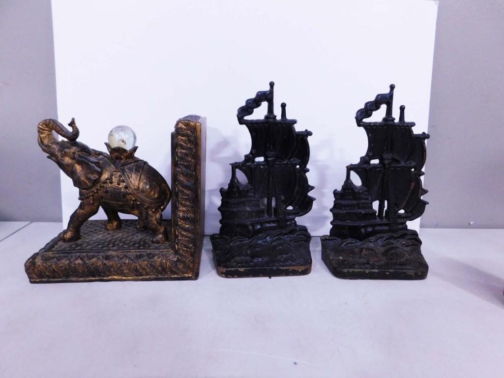 Pr of Clipper Ship Bookends and 1 Elephant Bookend: Pair of Clipper Ship Bookends and 1 Elephant Bookend