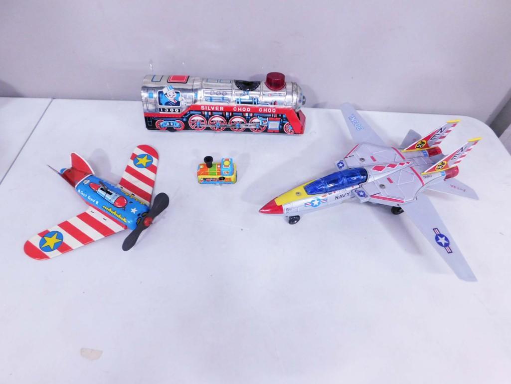 Vintage Toy Lot including old wind up toys, airplanes, train, etc.: Vintage Toy Lot including old wind up toys, airplanes, train, etc. Ohio Art, Son AI Toys, etc