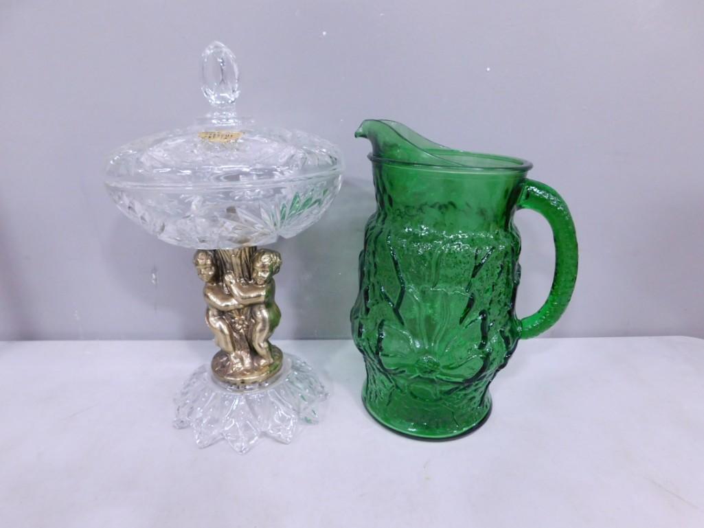 Early American Prescut Crystal Footed Candy Dish and a Green Glass Pitcher (1 of 6)