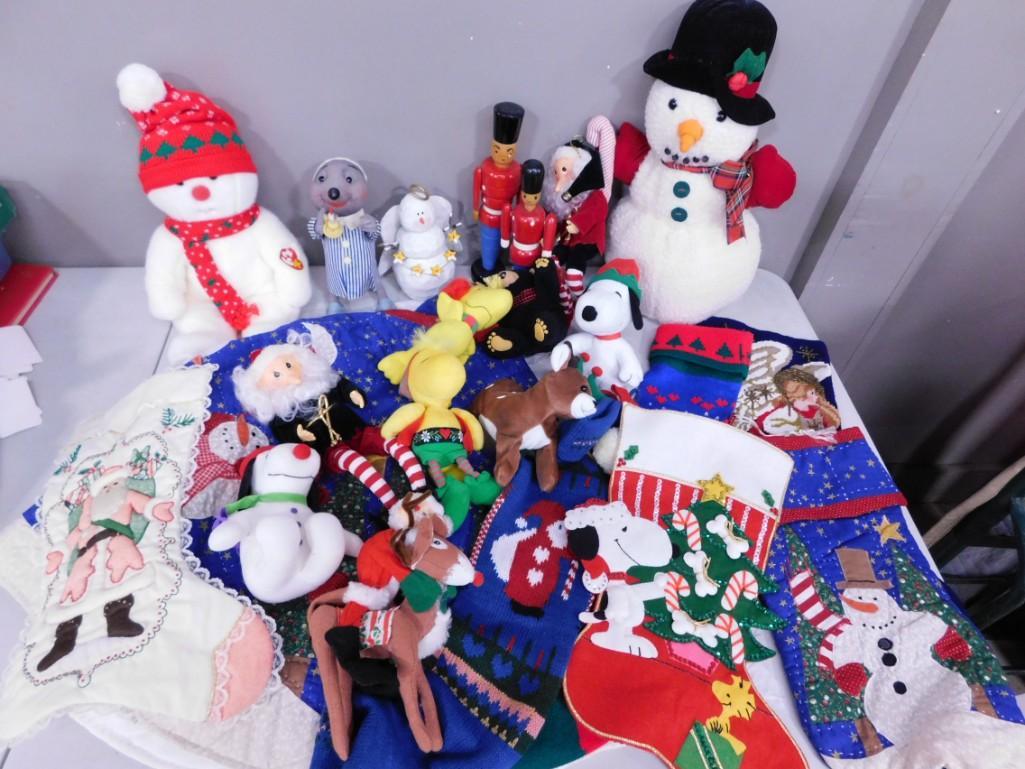 Lot of Christmas Plush and Stockings incl Snoopy, Woodstock, Rudolph, Snowmen, etc: Lot of Christmas Plush and Stockings incl Snoopy, Woodstock, Rudolph, Snowmen, etc