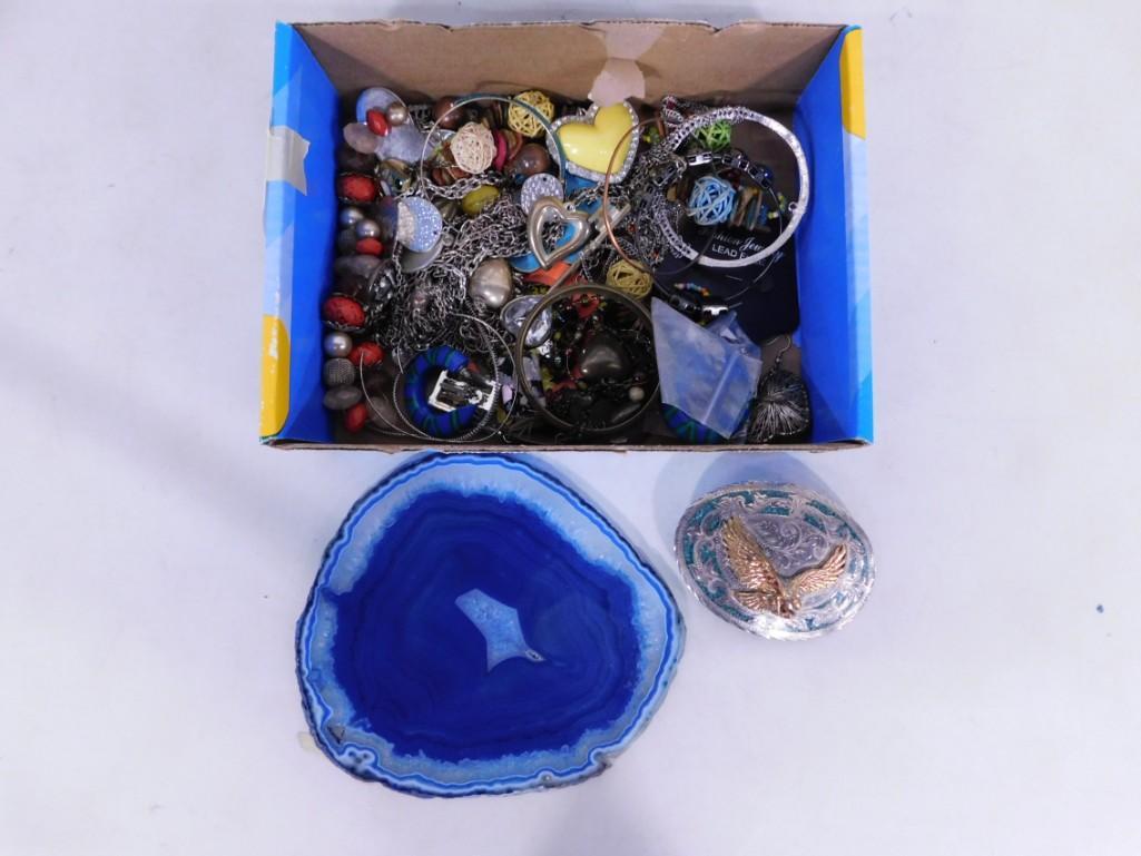 Lot of Costume Jewelry plus a Belt Buckle, Blue Dyed Agate Slice, etc (1 of 4)
