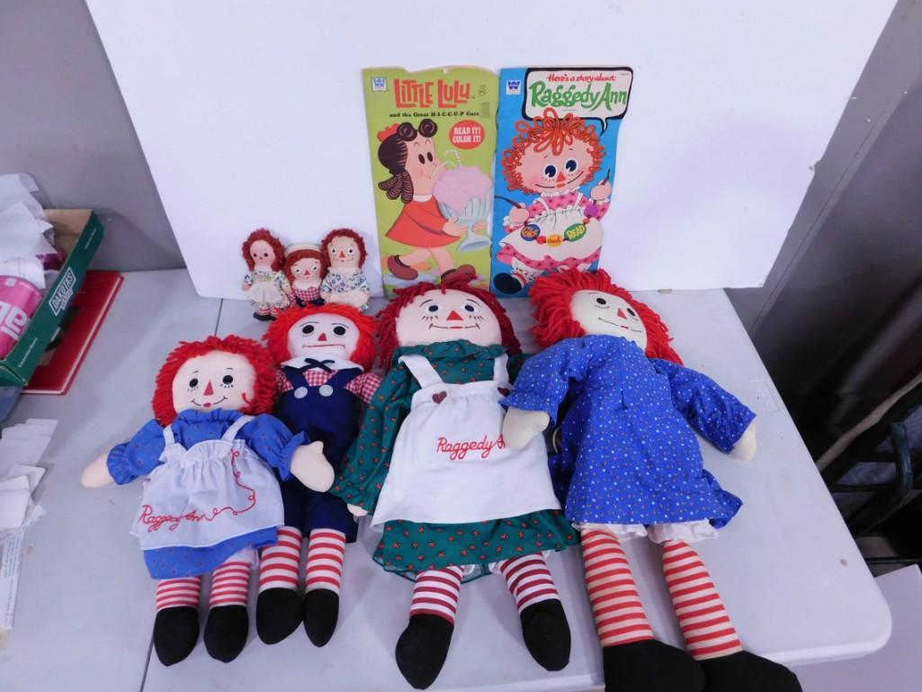 7 Raggedy Ann & Andy Cloth Dolls Lot, Various Sizes.  2 Whitman Childrens' Books (1 of 12)