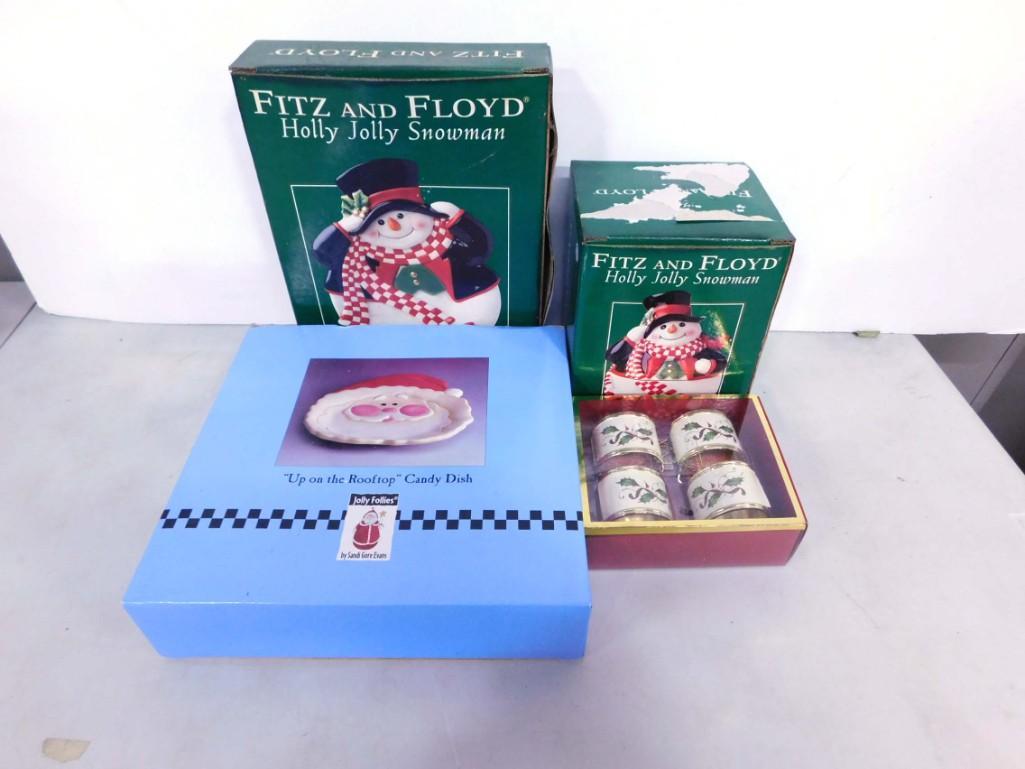 Christmas Lot incl Fitz and Floyd Holly Jolly Snowman, Sandi Gore Evans Up on the Rooftop Candy Dish (1 of 5)