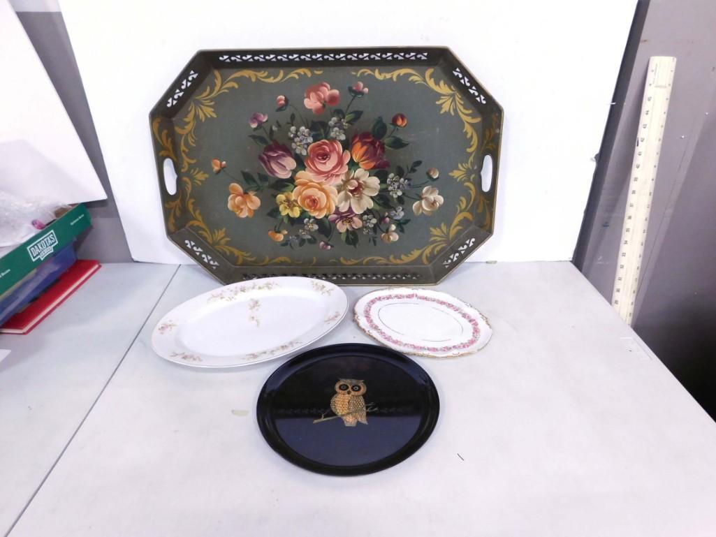 Large Tole Painted Metal Tray, Haviland Limoges Plate, H&G Selb Plate, MCM Owl Melamine Plate (1 of 13)