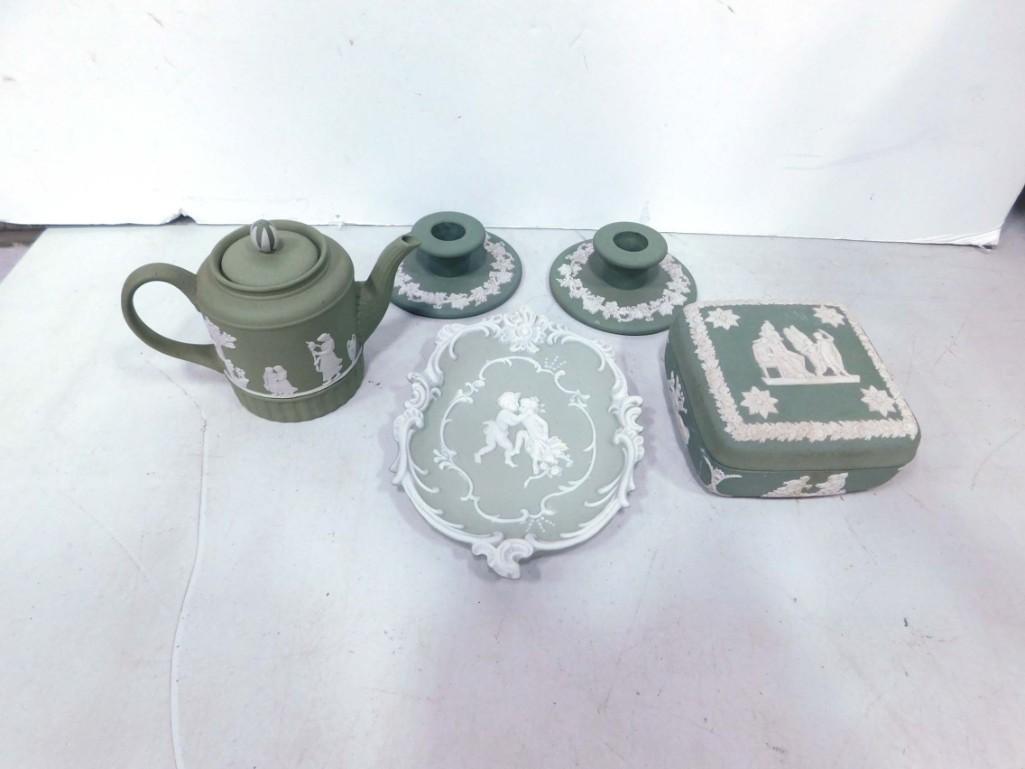 Lot of Jasperware incl Wedgwood .  Includes a Teapot, Trinket Dish, Trinket Box, Candlestick Holders (1 of 16)