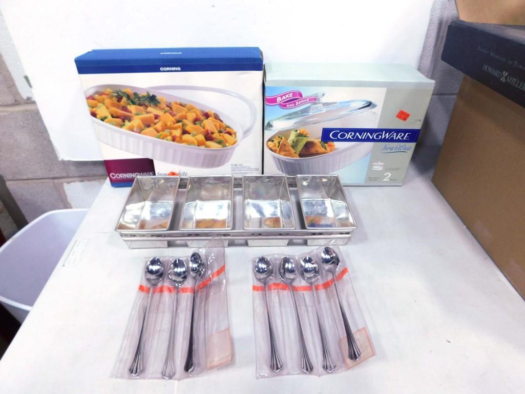 2 Corningware French White Casserole Dishes New in Box, Metal Bread Pans, Spoons (1 of 8)