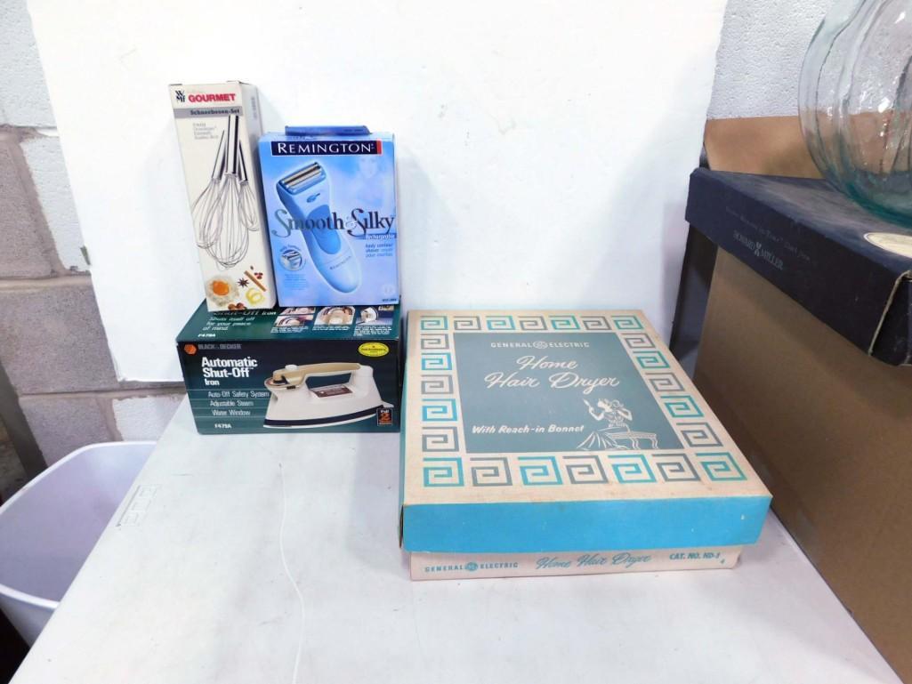 New Old Stock Pink Hair Dryer plus New in Box Iron, Remington Shaver, Whisk Set: New Old Stock Pink Hair Dryer plus New in Box Iron, Remington Shaver, Whisk Set