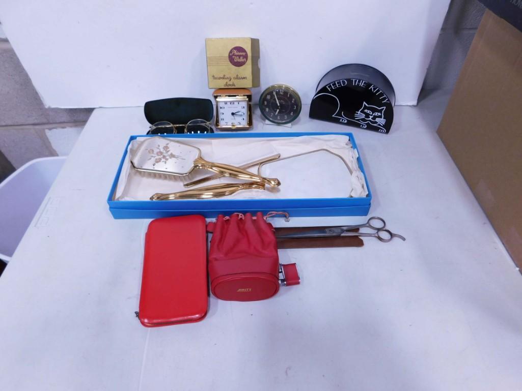 Collectibles Lot incl Vintage Eyeglasses, Vintage Alarm Clocks, Vintage Brush and Mirror Set, Lighte (1 of 8)