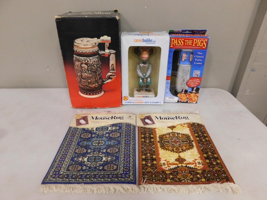 Misc Lot incl Careerbuilder Chimp, Beer Stein, Mouse Pad Rugs, Pass the Pigs Game (1 of 6)