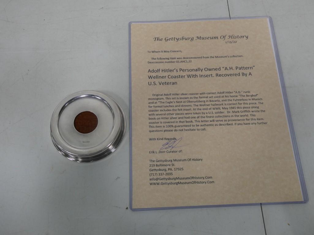 Adolf Hitler's Personally owned Wellner Coaster With Insert. Comes with COA: Adolf Hitler's Personally owned Wellner Coaster With Insert. Comes with COA. Authenticated by the Gettysburg Museum of History. A real Museum piece! See paperwork in the pictures for more info.