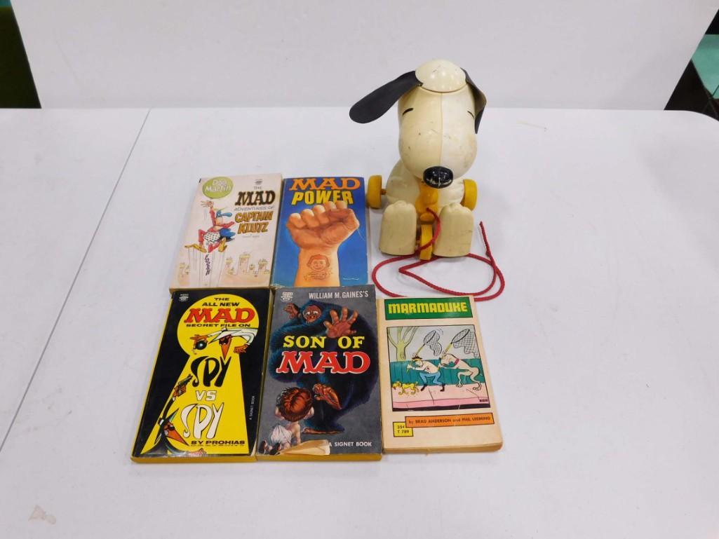 Mad Magazine Books, Snoopy Pull Toy with Spinning Ears, Marmaduke Book: Lot of Mad Magazine Books, Snoopy Pull Toy with Spinning Ears, Marmaduke Book