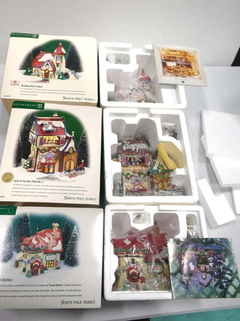 3 Dept 56 North Pole Series Buildings incl Jack in the Box Plant no 2, Custom Stitchers, Wedding Bel (1 of 11)