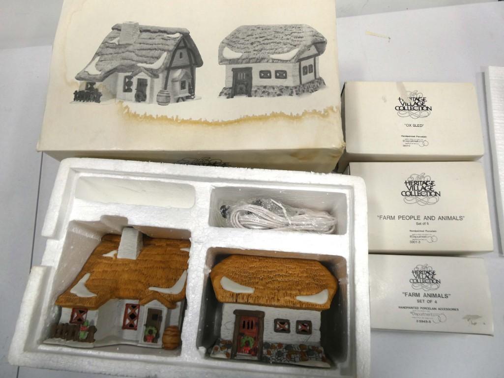 Dept 56 Buildings and Accessories incl Barley Bree Farmhouse and Barn, Ox Sled, Farm Animals,: Department 56 Buildings and Accessories incl Barley Bree Farmhouse and Barn, Ox Sled, Farm Animals, Farm People and Animals Condition: Barley Bree box has water staining