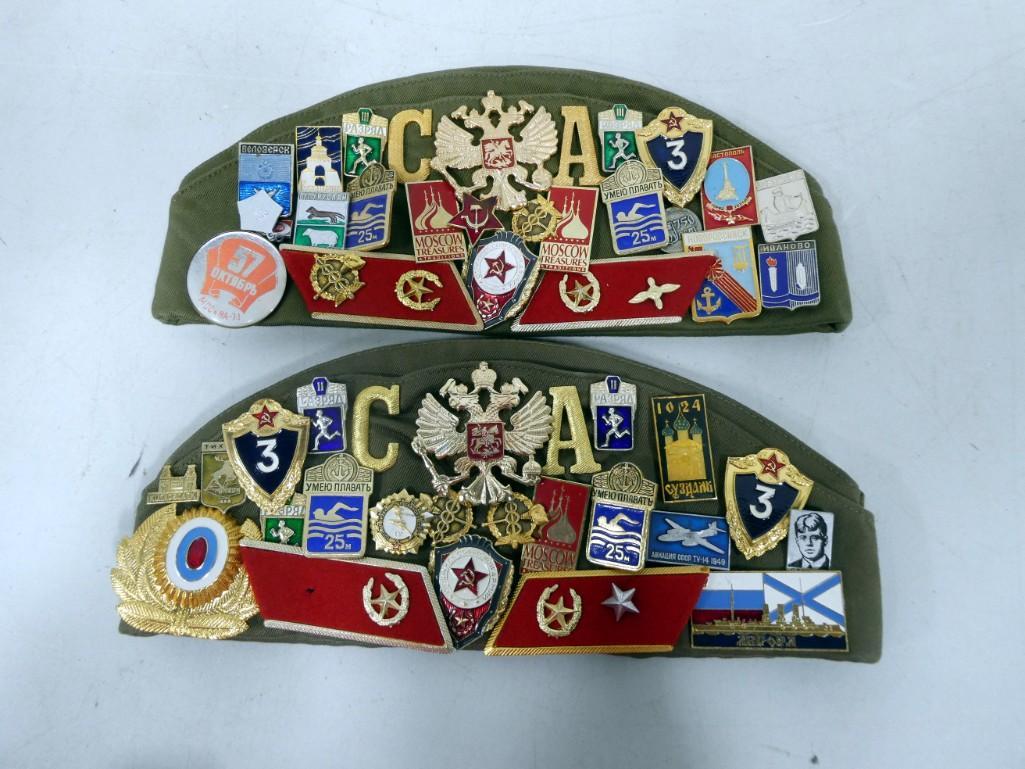 Pair of Soviet Hats full of pins, patches, etc. (1 of 5)