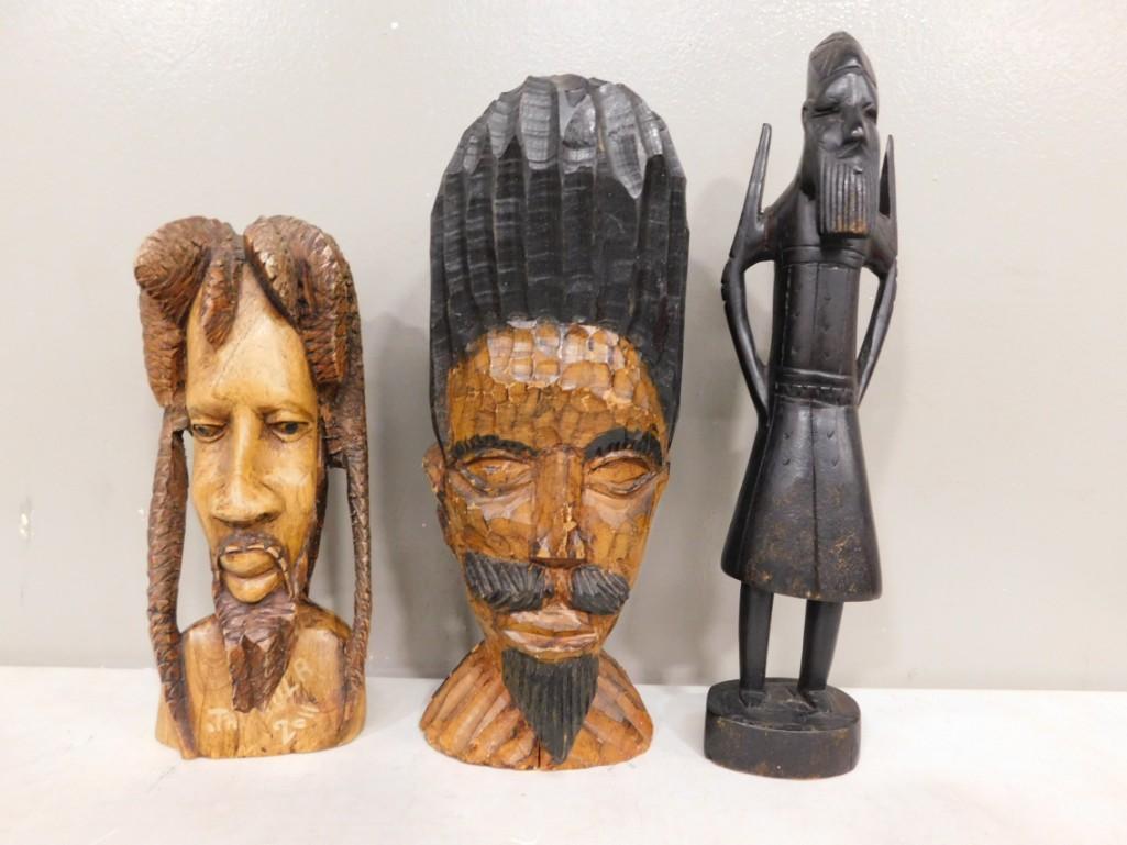 Lot ofÂ 3 Carved Wood Statues - one looks to be Bob Marley: Lot of 3 Carved Wood Statues - one looks to be Bob Marley