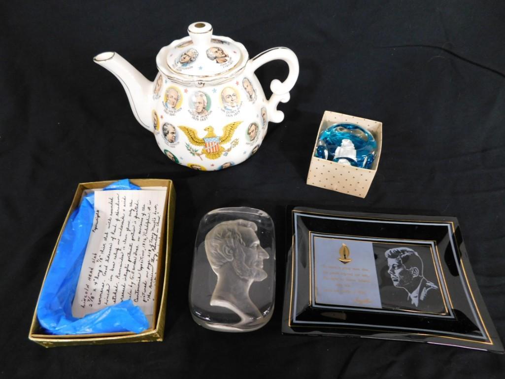 Collectibles incl Sulphide Papderweight, Chadwick Miller Tea Pot, JFK Dish, Lincoln Slab (1 of 6)