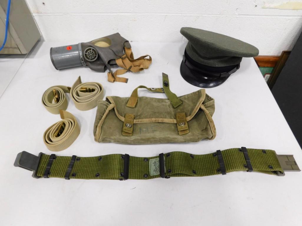 Military Lot incl Gas Mask, Cap or Hat, Belts, Bag: Military Lot incl Gas Mask, Cap or Hat, Belts, Bag