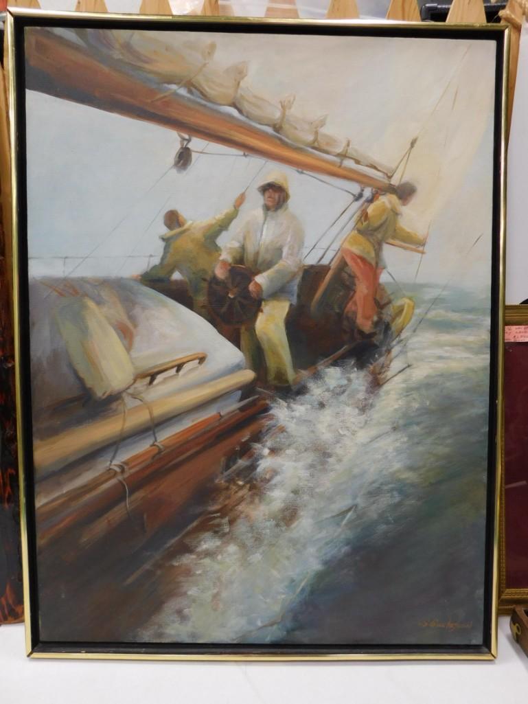 S Gustafson Painting on Canvas of Ship on Rough Seas 33 1/2"x25": S Gustafson Painting on Canvas of Ship on Rough Seas 33 1/2"x25"