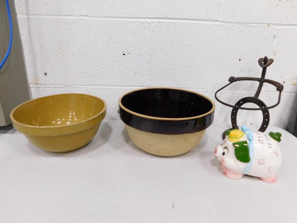2 Vintage Stoneware Mixing Bowls , A Ceramic Piggy Bank, and a Cowboy Horseshoe Figure (1 of 11)