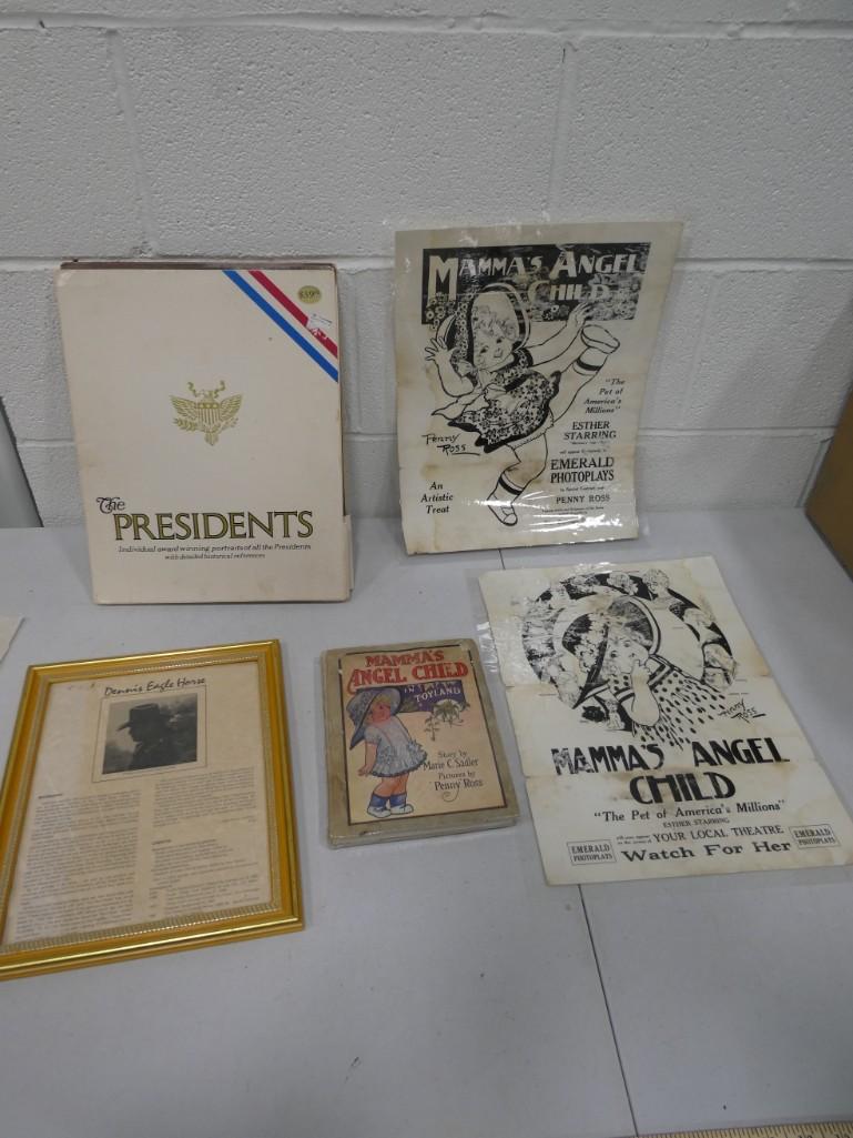 Ephemera lot including Presidential portraits, Mamma's Angel Child Book and laminated prints, etc.: Ephemera lot including Presidential portraits, Mamma's Angel Child Book and laminated prints, etc.
