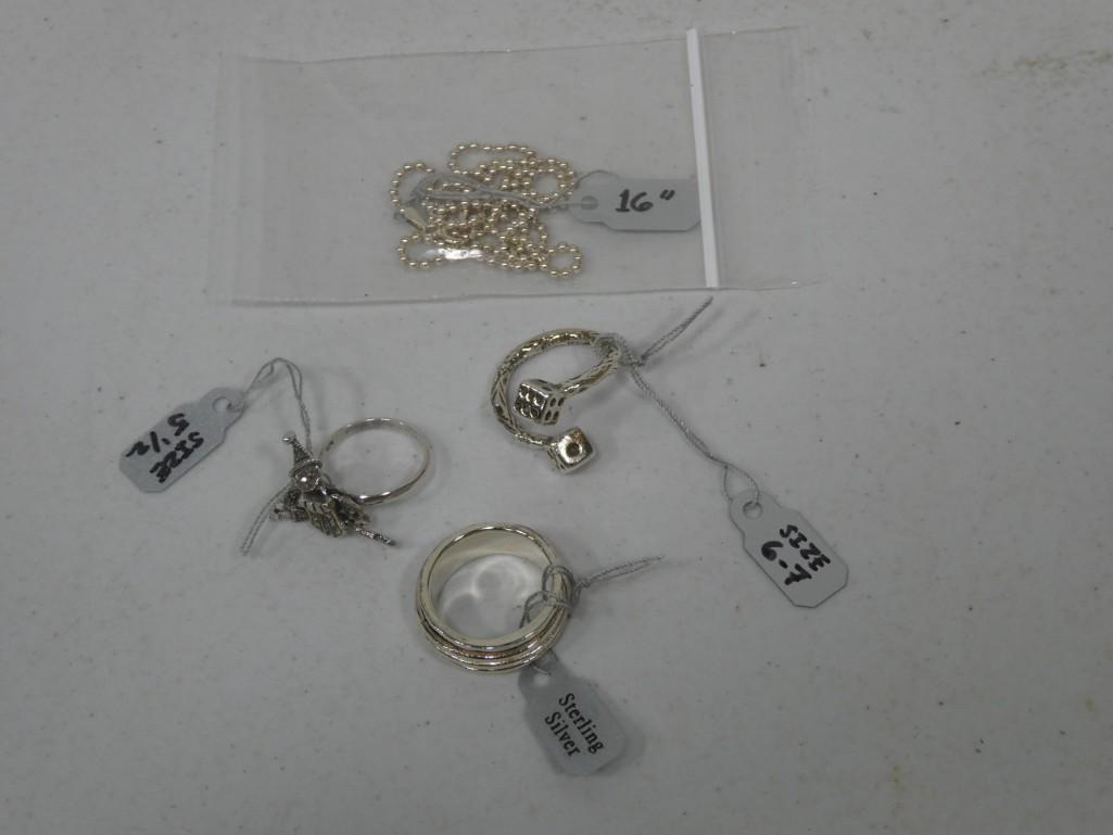 Sterling Lot including 16" chain, 3 rings: Sterling Lot including 16" chain, 3 rings - Dice ring (Size 6-7), Dancing Clown (Size 5.5) and spinning center (Size 8)