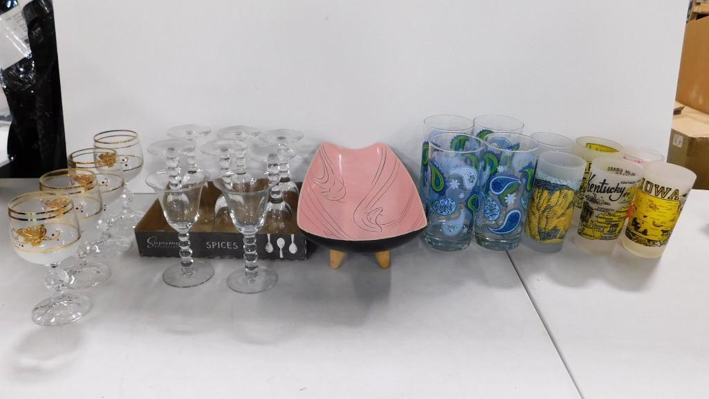 MCM Footed Dish and Vintage Glassware incl Tumblers and Stemware (1 of 9)