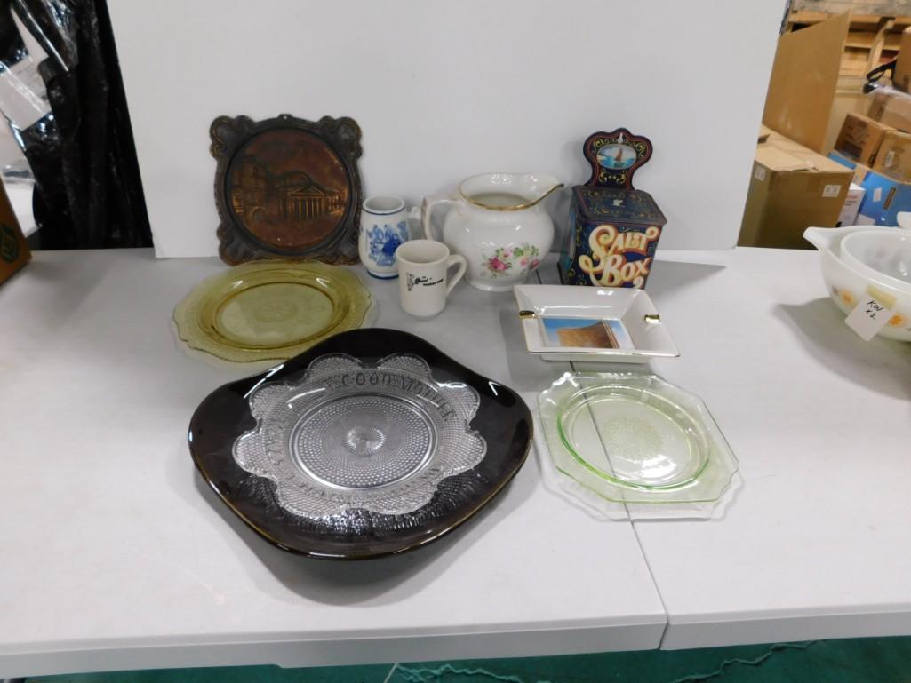 Collectibles incl Depression Glass, Salt Box, Ashtray, etc (1 of 7)