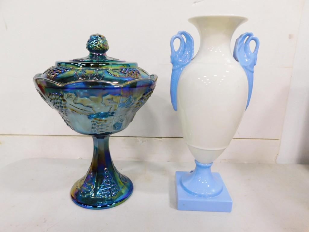 1940s Lenox USA Empire Double Swan Trophy Vase and 1970s Indiana Glass Harvest Grape Blue Carnival G (1 of 5)