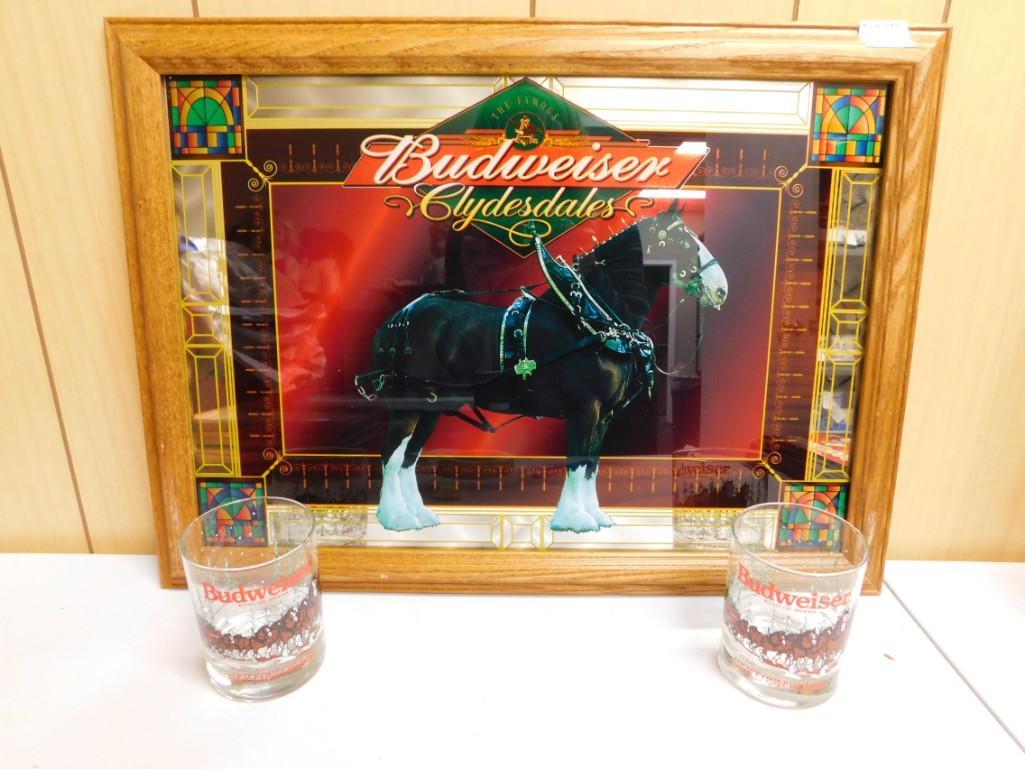 Budweiser Clydesdales Bar Mirror and 2 Budweiser Glasses (1 of 9)