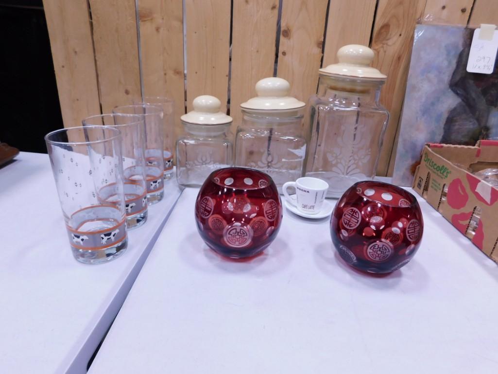 2 Ruby Red Cut to Clear Vases or Candle Holders, 3 Glass Canisters, Cow Tumblers, Cup and Saucer (1 of 5)