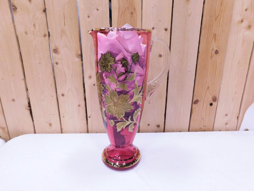 Antique Cranberry Glass Pitcher with Gold Gilt c. 1885 (1 of 5)