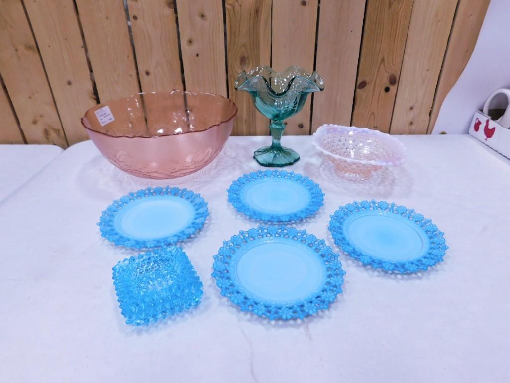 Portieux Vallerysthal Blue Opaline Daisy Lace Border Small Plates, Fenton Glass Sea Mist Green Empre (1 of 10)