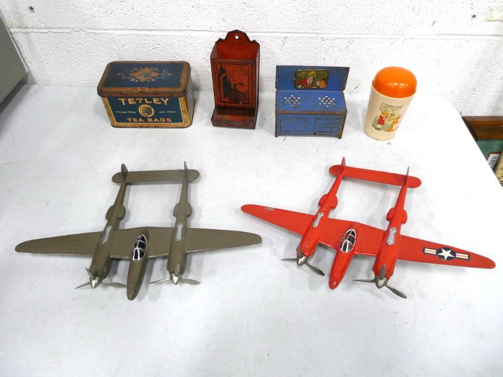 Collectibles incl 2 Hubley Lockheed P-38 Model Airplanes, Annie Tin Toy Stove and Thermos, Metal Mat (1 of 7)