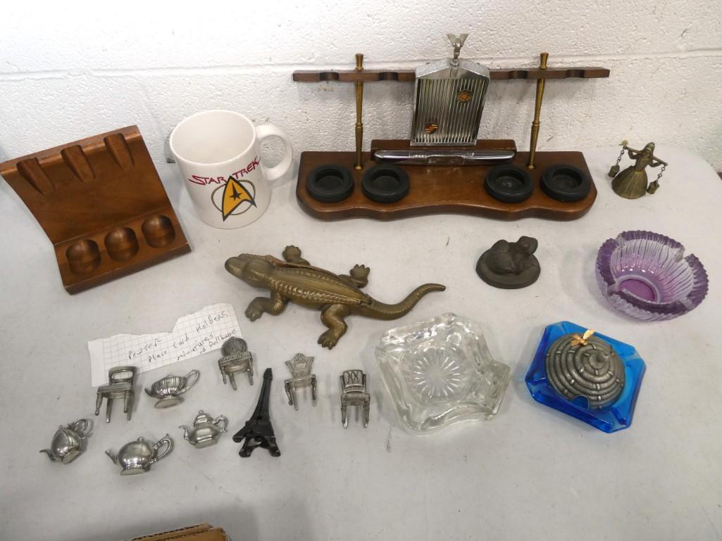 Collectibles incl Rolls Royce Pipe Rack, Brass Alligator, Star Trek Mug, Blue Glass Ashtray, Purple (1 of 4)