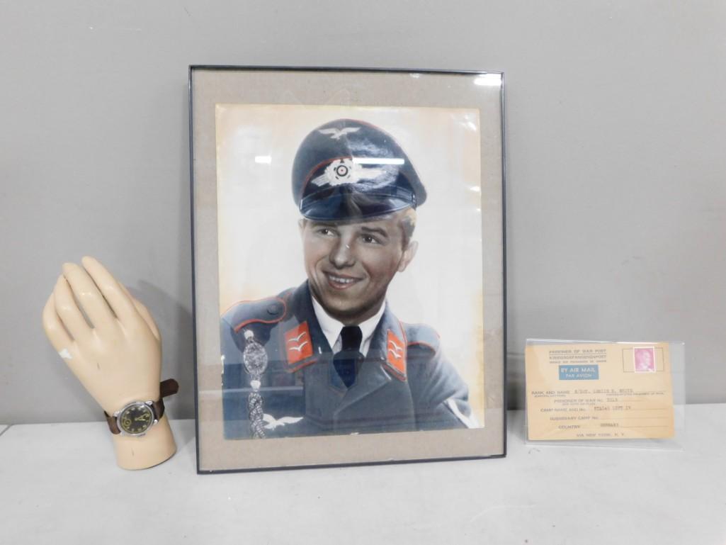 3 Original WW2 German Military Items incl Colorized Luftwaffe Flak Officer Photo, (1 of 8)