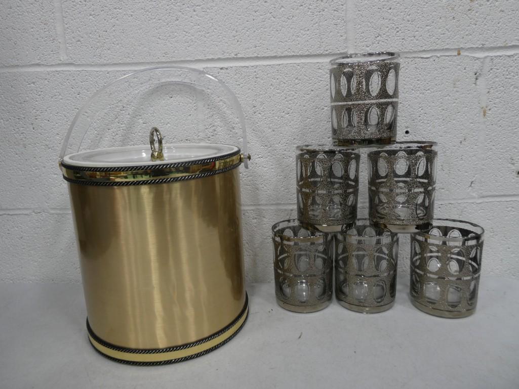 Vintage Retro Brushgold Ice Bucket Lucite handle with MCM Rocks Glasses Raised Design: Vintage Retro Brushgold Ice Bucket Lucite handle with Mid Century Modern Rocks Glasses Raised Design