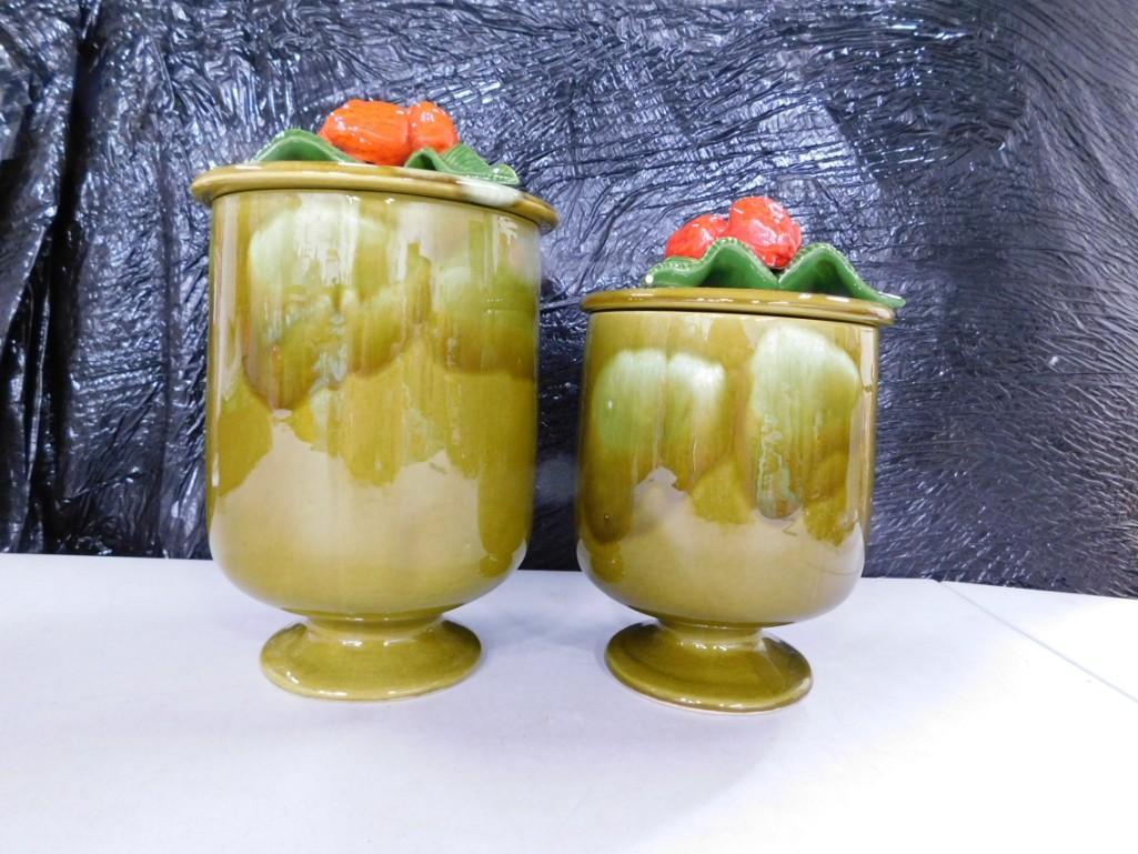 California Pottery Green w/ Drip Glaze Pedestal Strawberry Top Canister Set (1 of 7)