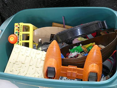 Large Bin full of assorted Toys including Fisher Price, Hot Wheels Case, Darth Vader Belt Buckle (1 of 10)