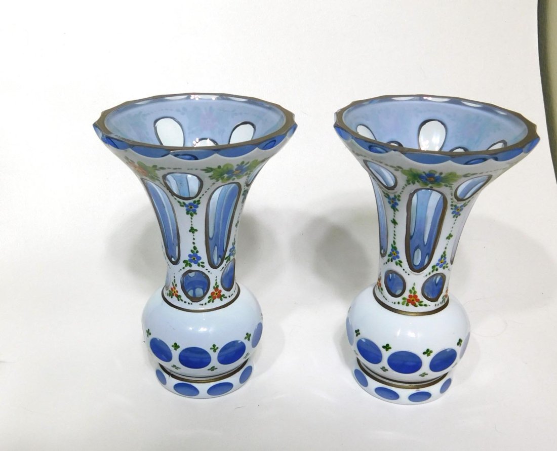 Pr of Czech Painted Cut to Clear Glass Vases (1 of 8)