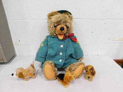 Large Mohair Teddy Bear and 3 Vintage Plush Dogs: Large Mohair Teddy Bear Possibly Vintage Steiff and 3 Vintage Plush Dogs , Big bear is 21" tall, has felt paws, and is jointed including the head.