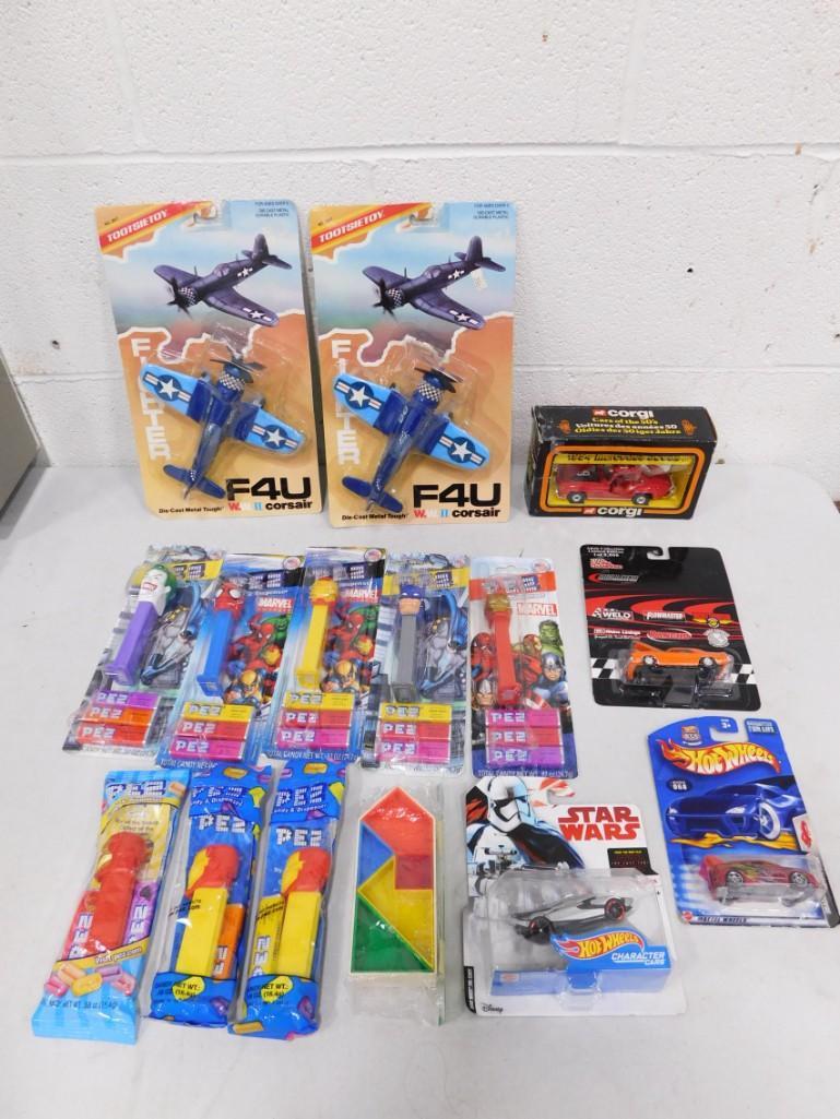 Toy Lot incl Corgi Model Car, Star Wars Hot Wheels, Pez Dispensers, Tootsietoy Model Airplanes NIP,: Toy Lot incl Corgi Model 1954 Mercedes 300SL Car 811 - in original box but box has damage, Star Wars Hot Wheels Car, Pez Dispensers, 2 Tootsietoy Model Airplanes New in Package, Puzzle Toy