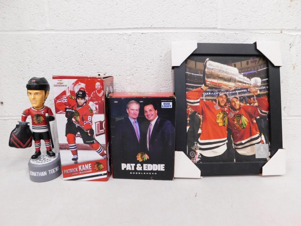 Hockey Collectibles incl Patrick Kane & Jonathan Toews 2015 Stanley Cup Photo,: Hockey Collectibles incl Patrick Kane & Jonathan Toews 2015 Stanley Cup Photo, Jonathan Toews Bobblehead, Patrick Kane Bobblehead, Pat & Eddie Bobble head,