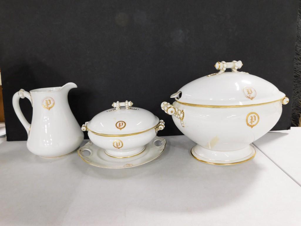 Antique China Serving Items incl Soup Turreen, VEgetable Dish, Pitcher, 2 Handle Plate (1 of 7)