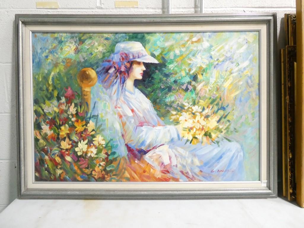 Framed G. Bruce Painting - Lady with Flowers (1 of 4)