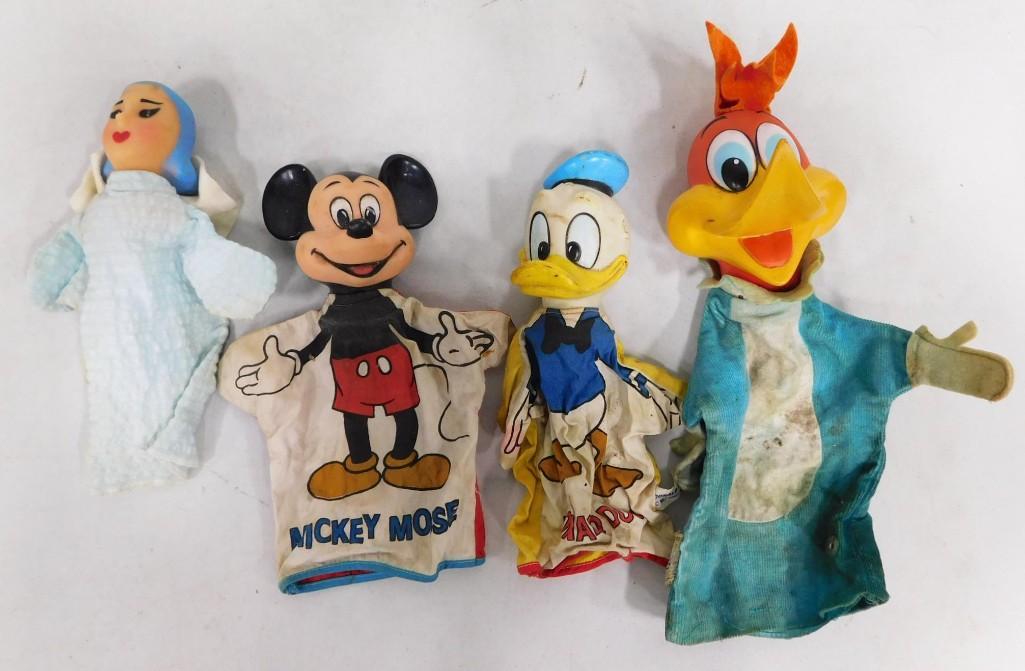 4 Vintage Puppets incl Disney Mickey Mouse, Disney Donald Duck, Woody Woodpecker, and a Lady with Bl: 4 Vintage Puppets incl Disney Mickey Mouse, Disney Donald Duck, Warner Bros Woody Woodpecker, and a Lady with Blue Hair Condition: These are stained and grimy.