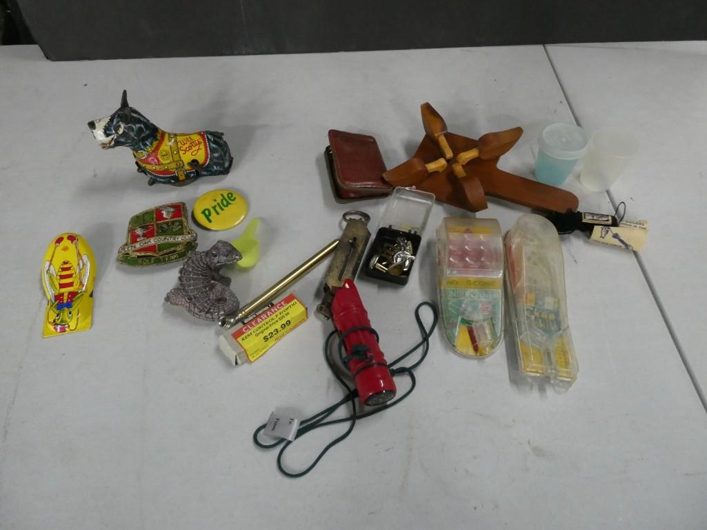 Misc. Toy Lot, etc. including Wind Up Scottie Dog, Mini Skeeball games, bird toy, noisemaker, etc. (1 of 6)