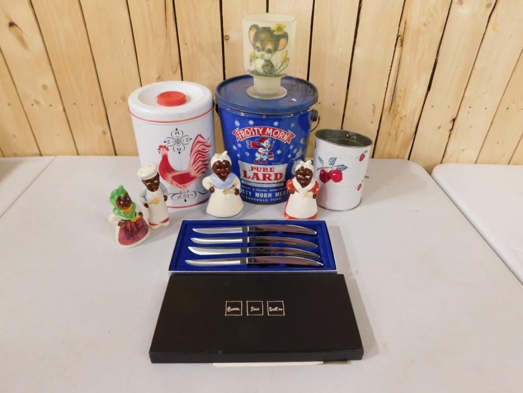 Collectibles incl Frosty Morn Lard Tin, Black Americana Salt and Pepper Shakers, Vintage Flour Sifte: Collectibles incl Frosty Morn Lard Tin, Black Americana Salt and Pepper Shakers, Vintage Flour Sifter, Canister, Carson Pirie Scott Knife Set, etc
