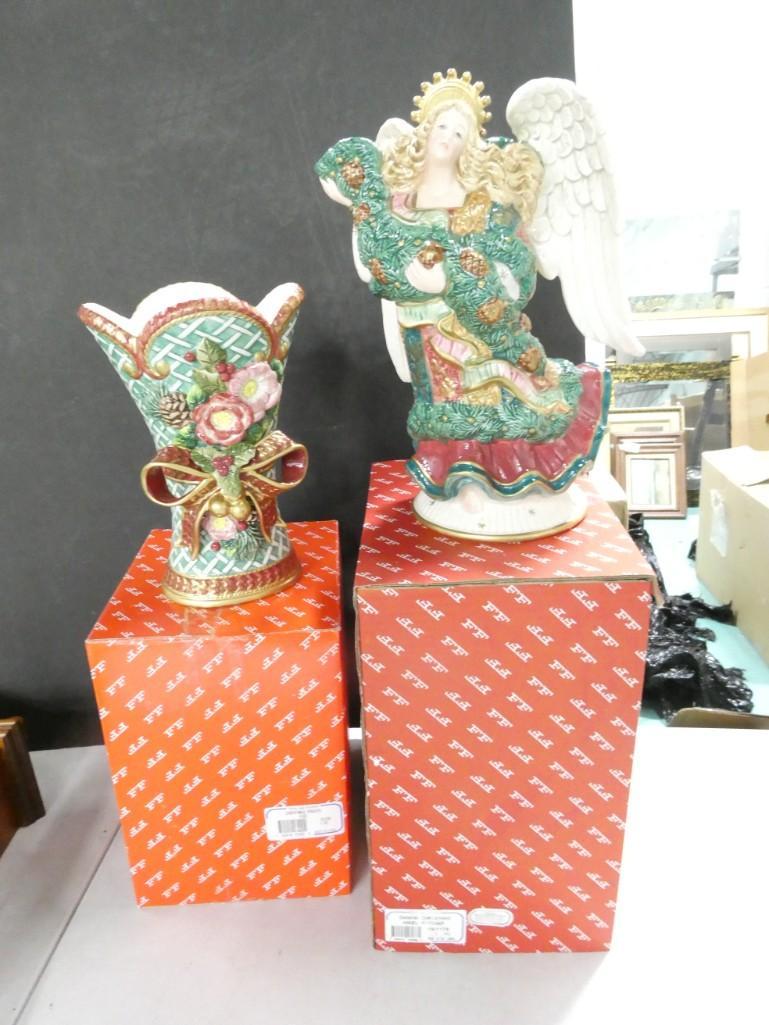Pair of Fitz and Floyd Christmas - Wreath Vase and Damask Christmas Angel Pitcher: Pair of Fitz and Floyd Christmas - Wreath Vase 19/339 and Damask Christmas Angel Pitcher 19/1176